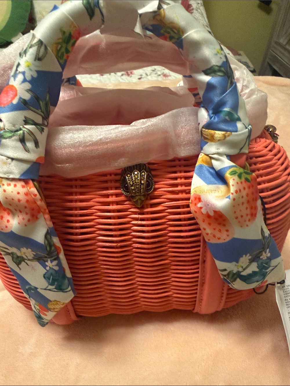 Kurt Geiger Coral Wicker Crossbody Bag with Floral Scarf Wrap
